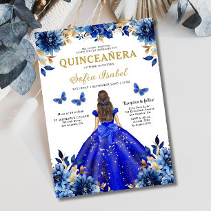 Floral Royal Blue Tweetalige Spaanse Quinceanera Kaart