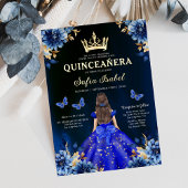 Floral Royal Blue Tweetalige Spaanse Quinceanera Kaart