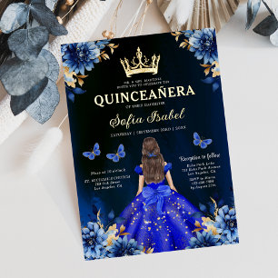 Floral Royal Blue Tweetalige Spaanse Quinceanera Kaart