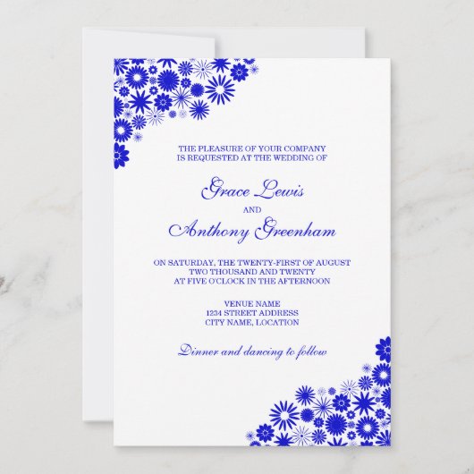  Floral Royal Blue Wedding Kaart (Voorkant)