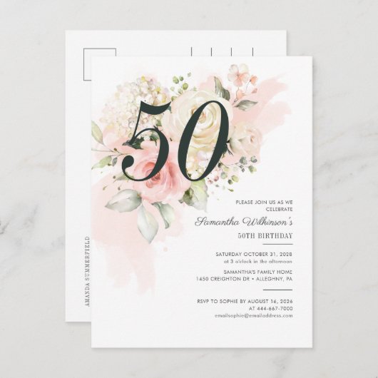 Floral roze 50th Birthday Botanical Party Uitnodiging Briefkaart (Voorkant / Achterkant)
