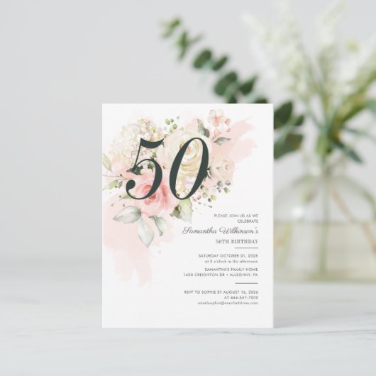 Floral roze 50th Birthday Botanical Party Uitnodiging Briefkaart (Staand voorkant)