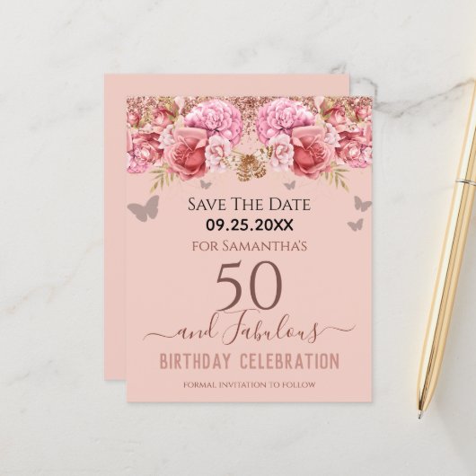 Floral roze 50th Birthday Save the Date (Voorkant / Achterkant in situ)