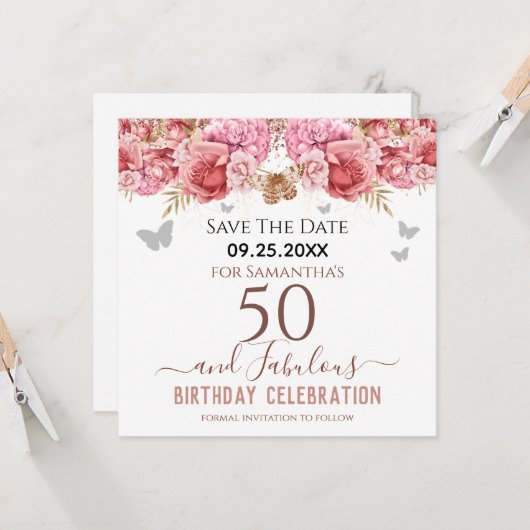 Floral roze 50th Birthday Save the Date (Voorkant / Achterkant in situ)