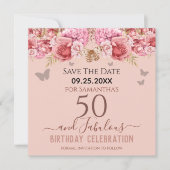 Floral roze 50th Birthday Save the Date (Voorkant)