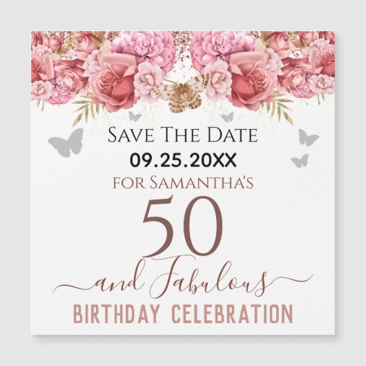 Floral roze 50th Birthday Save the Date Magnet (Voorkant)