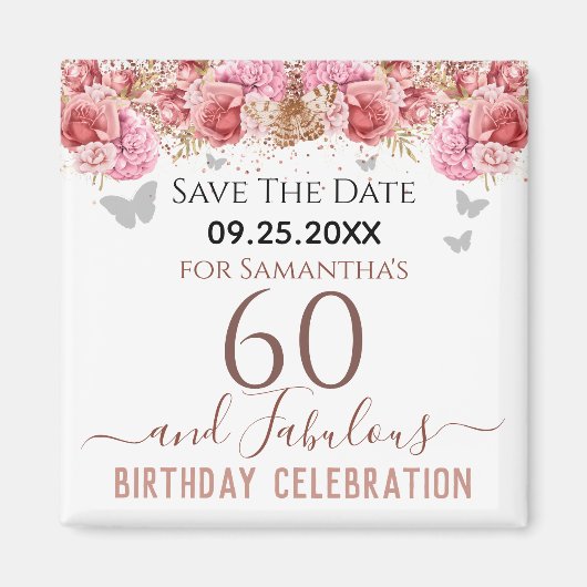 Floral roze 60th Birthday Save the Date Magnet Magneet (Voorkant)