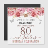 Floral roze 80th Birthday Save the Date Magnet (Voorkant / Achterkant)
