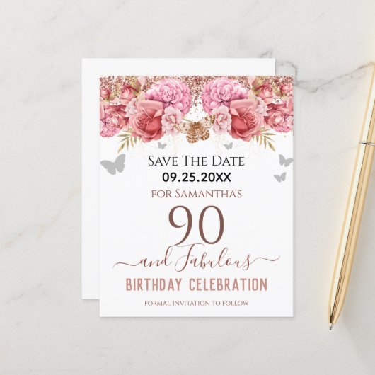 Floral roze 90th Birthday Save the Date (Voorkant / Achterkant in situ)