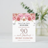 Floral roze 90th Birthday Save the Date (Staand voorkant)