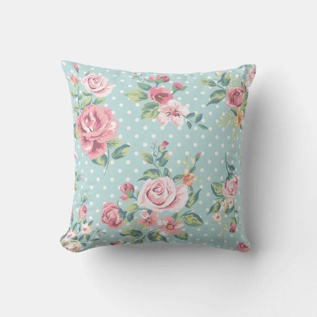  Floral roze bloemen Blauwe Polka Dot Kussen (Voorkant)