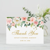 Floral roze blush gouden bruiloft dank u bedankkaart (Staand voorkant)