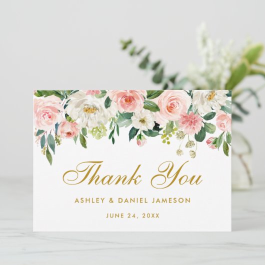 Floral roze blush gouden bruiloft dank u bedankkaart (Staand voorkant)