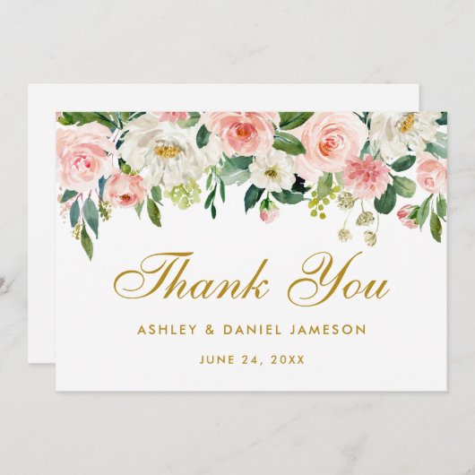 Floral roze blush gouden bruiloft dank u bedankkaart (Voorkant / Achterkant)