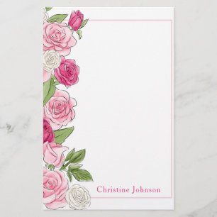 Floral roze en witte rozen gepersonaliseerd briefpapier