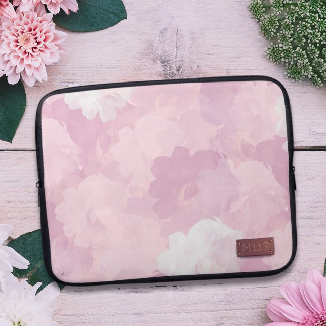 Floral roze faux Roos gouden monogram Laptop Sleeve (Creator heeft geüpload)