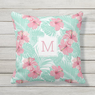 Floral Roze Hibiscus Tropisch Monogram Buitenkussen