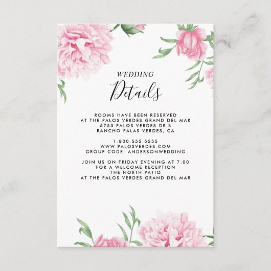 Floral roze pioen botanische elegante details informatiekaartje (Voorkant)