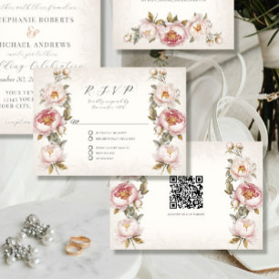 Floral roze pioen elegante lente QR code bruiloft RSVP Kaartje