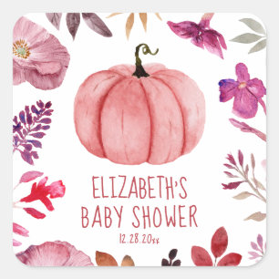 Floral roze pompoen Herfst Baby shower Vierkante Sticker