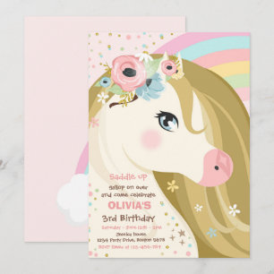 Floral roze Pony Birthday Inv Kaart
