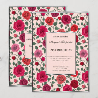 Floral roze rode bloemen 21e verjaardag kaart