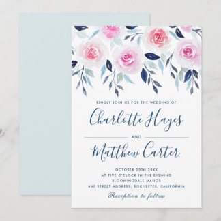 Floral roze Roses Blue Leaves Waterverf Wedding Kaart
