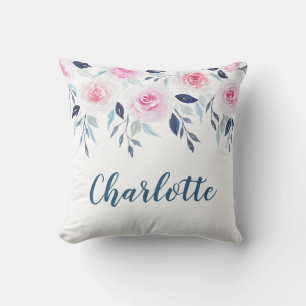 Floral roze Roses Waterverf Gepersonaliseerde naam Buitenkussen