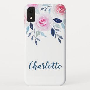 Floral roze Roses Waterverf Gepersonaliseerde naam iPhone XR Hoesje