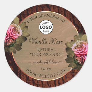 Floral roze rozen Productetiketten Hout Logo Ronde Sticker