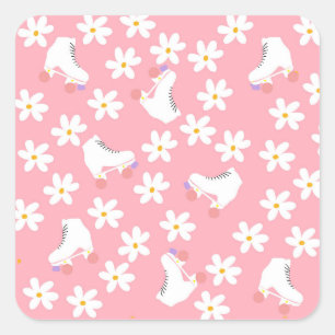 Floral roze Schaatsen Roller Birthday Skler Vierkante Sticker