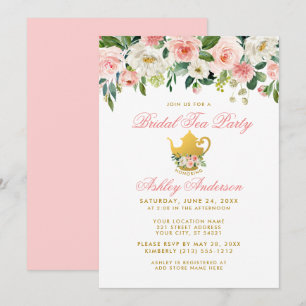 Floral roze Vrijgezellenfeest Tea Party Gold Invit Kaart