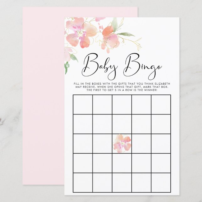 Floral roze Waterverf Baby Bingo Shower Game (Voorkant / Achterkant)