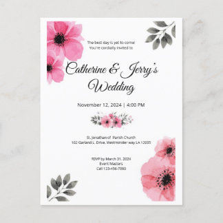 Floral roze waterverf bruiloft briefkaart