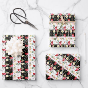 Floral roze zwart-witte strepen patroon inpakpapier vel