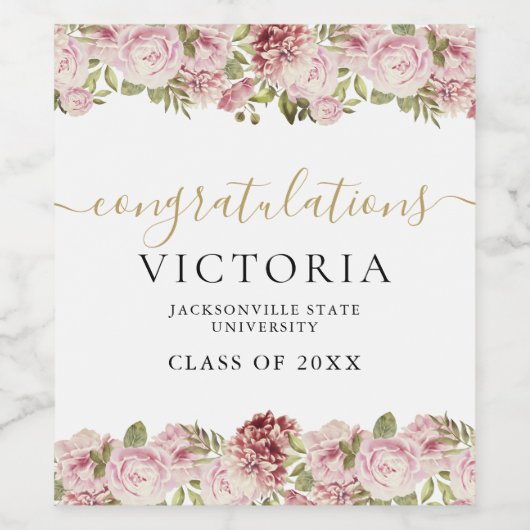 Floral Rozen Black en Gold Script Afstuderen Wijn Etiket (Enkel label)