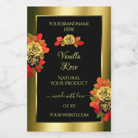 Floral Rozen Product Labels Black Shimmery Golden Voedselcontainer Etiket (Enkel label)