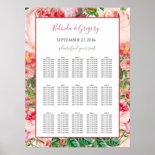  Floral Rozen Wedding Seating Chart Poster (Voorkant)