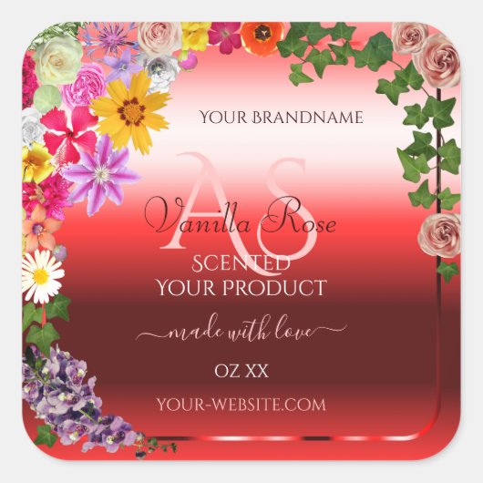 Floral Ruby Red Gradient Product Labels Monogram (Voorkant)