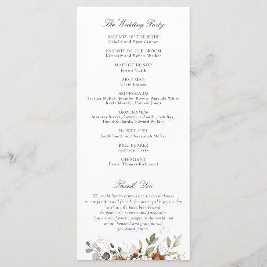 Floral Rust Cream Greenery Fall Wedding Programme Programma (Achterkant)