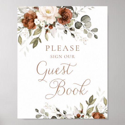 Floral Rust Cream Greenery Wedding Guest Book Sign Poster (Voorkant)
