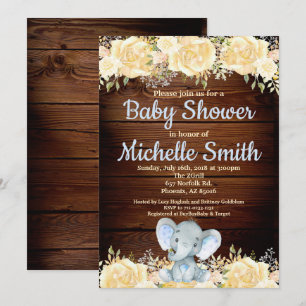 Floral Rustic Blue Boy Wood Elephant Baby shower Kaart