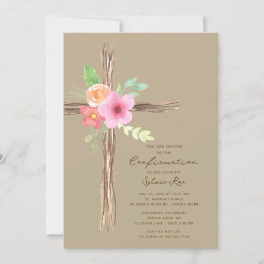Floral Rustic Cross Confirmation Invitation Kaart (Voorkant)