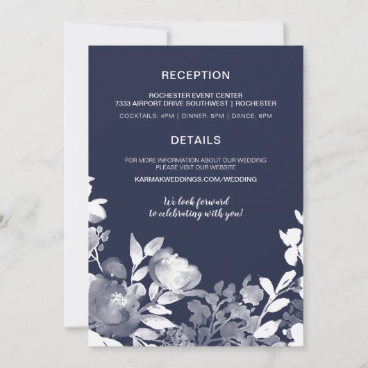 Floral Rustic Faire-part de mariage (bleu marine) (Dos)