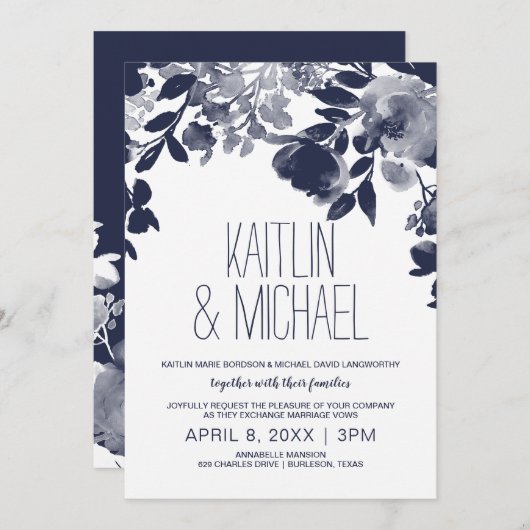 Floral Rustic Faire-part de mariage (bleu marine) (Devant / Derrière)