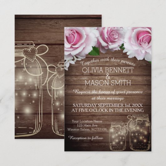 Floral Rustic Mason Jar Lights Wedding Kaart (Voorkant / Achterkant)
