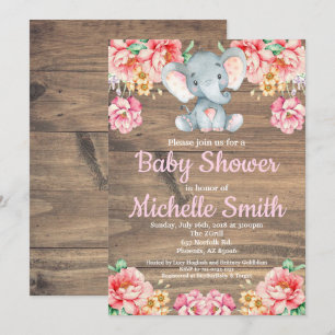 Floral Rustic Pink Girl Wood Elephant Baby shower Kaart