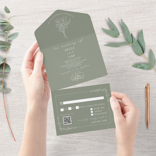  Floral Rustic Sage Green QR Code Weddenschap All In One Uitnodiging
