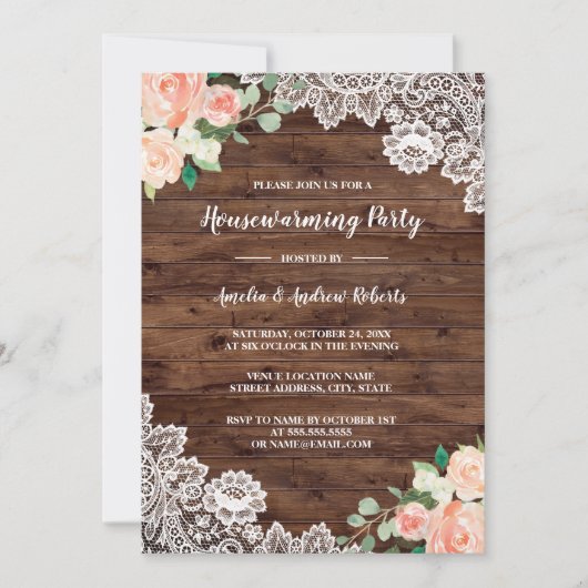 Floral Rustic Wood Lace Housewarming Party Kaart (Voorkant)