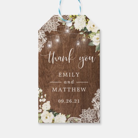 Floral Rustic Wood Lace String Lights Mason Jars Cadeaulabel (Voorkant)